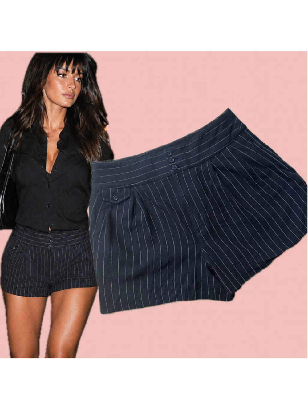 Ralph Lauren Black Pinstripe Linen Blend Tailored Shorts Size 12